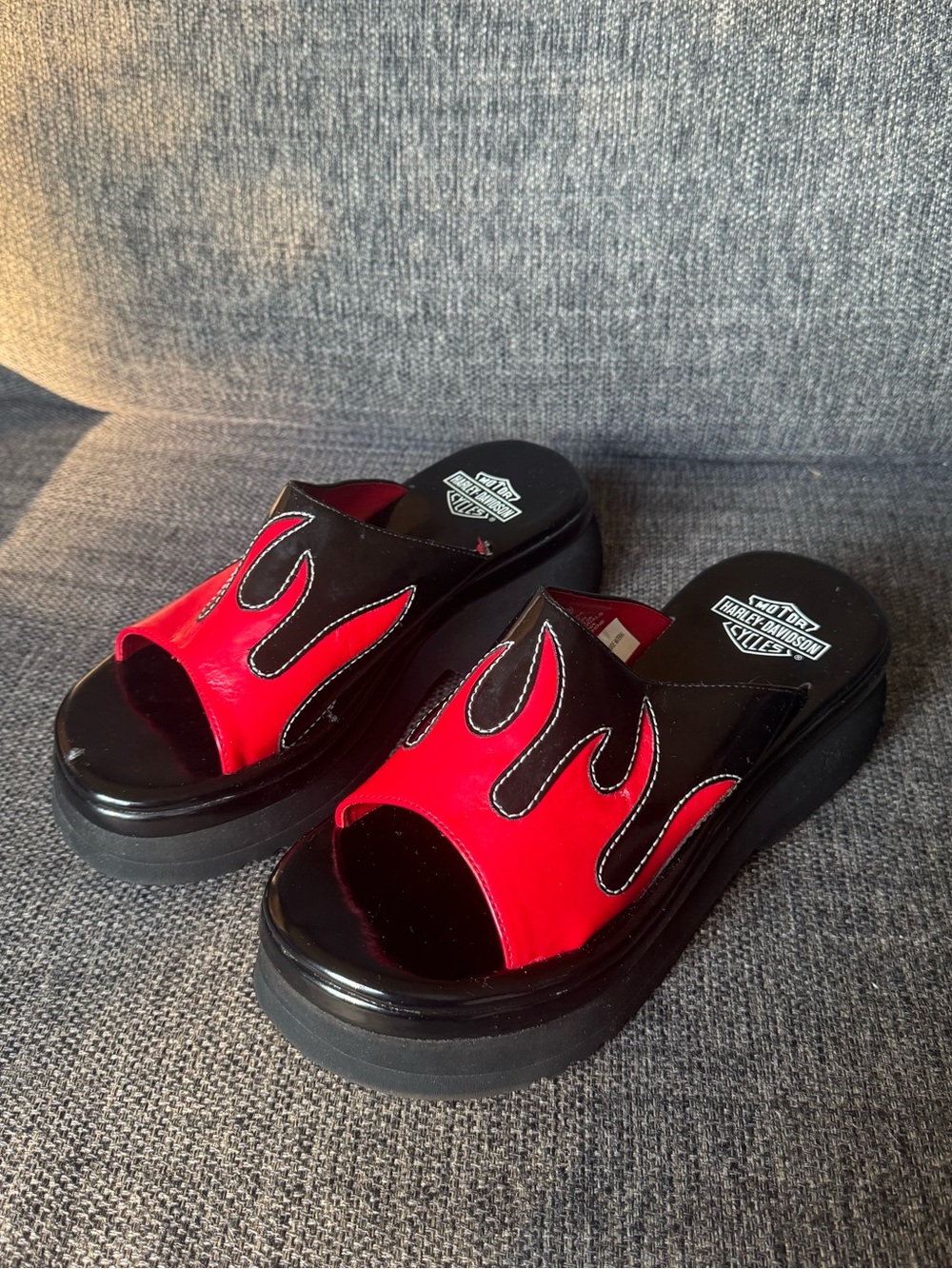 RARE 90s Harley Davidson Black Platform Sandals With Red Flames